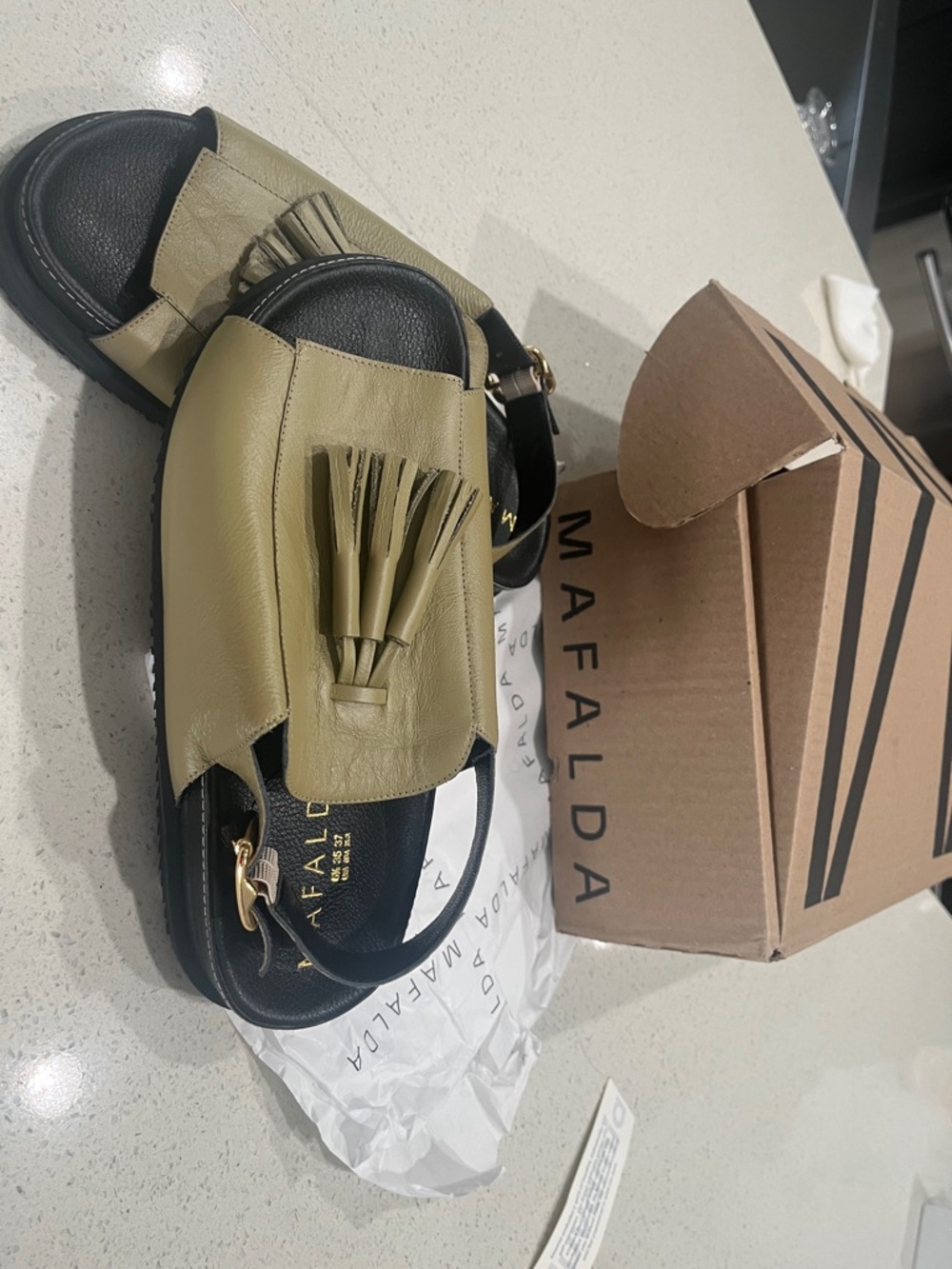 MAFALDA Olive Green Leather Tassel Slide Sandal - Picture 5 of 6